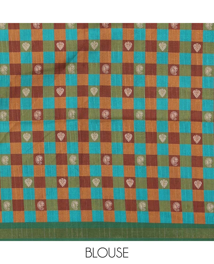 Chikku-Green plain kathan silk saree, contrast buttas enclosed multi-color checked blocks border, temple pallu, and contrast blouse of checks, and buttas - Image 4