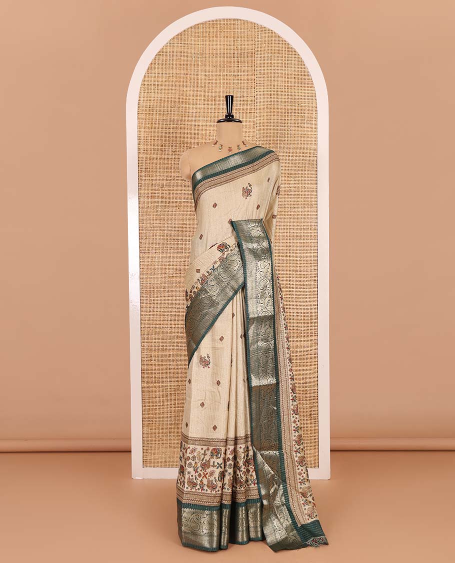 Chikku-green vertical striped, and animal motifs printed dola silk saree, contrast manga motifs zari border, animal motifs printed pallu, and a contrast printed blouse - Image 2