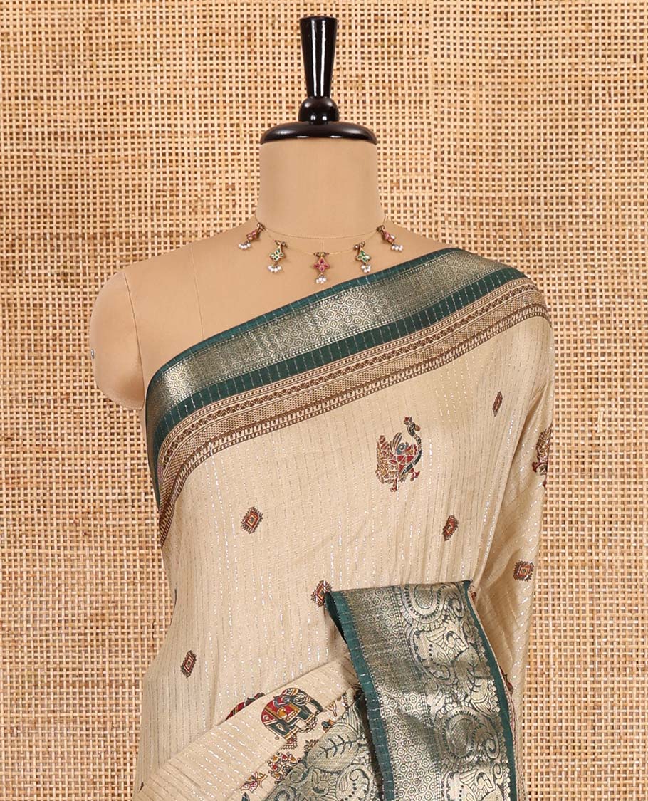 Chikku-green vertical striped, and animal motifs printed dola silk saree, contrast manga motifs zari border, animal motifs printed pallu, and a contrast printed blouse - Image 3