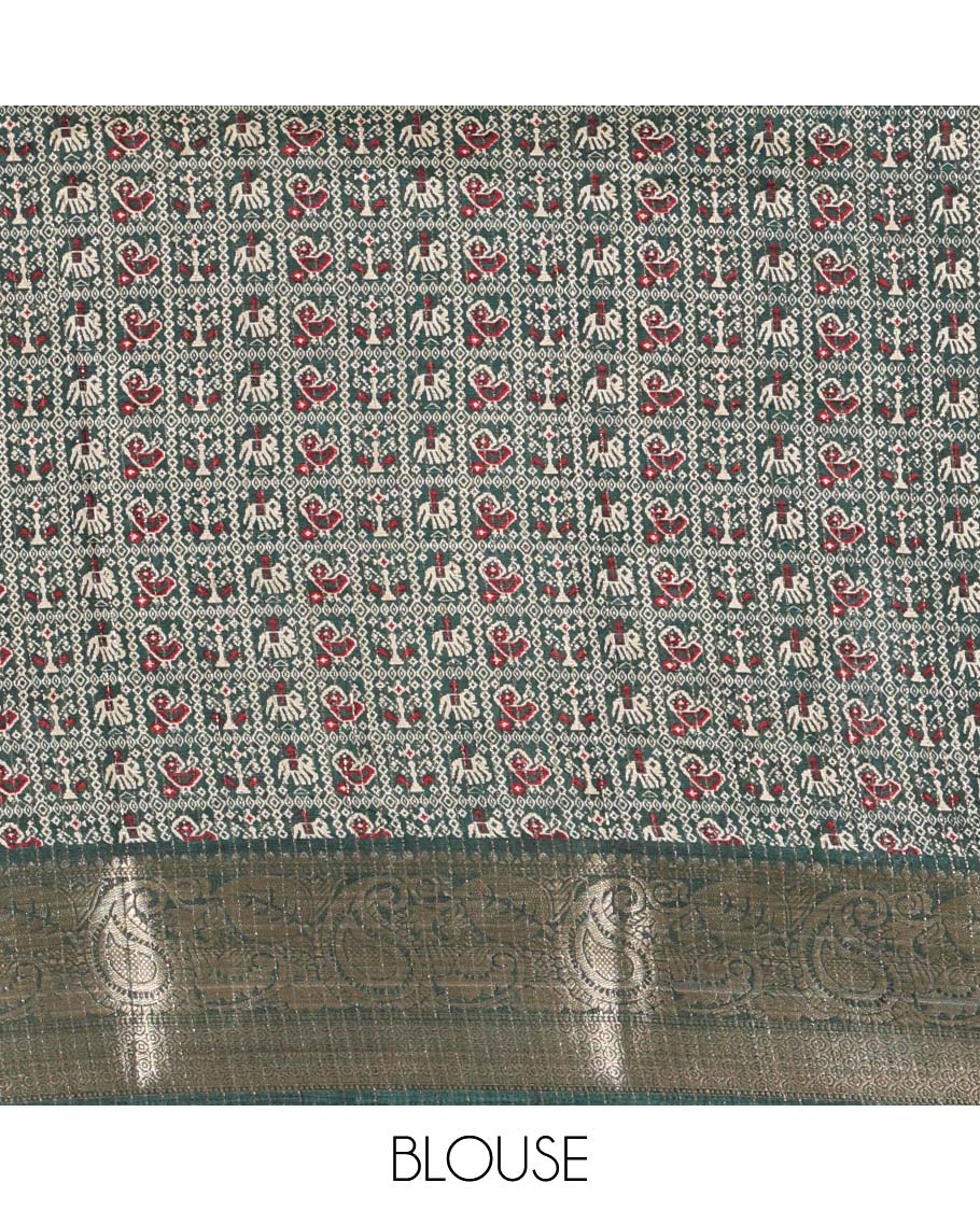 Chikku-green vertical striped, and animal motifs printed dola silk saree, contrast manga motifs zari border, animal motifs printed pallu, and a contrast printed blouse - Image 4