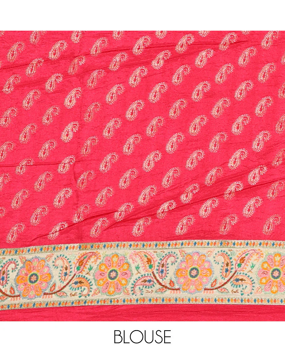 Chikku intricate Mughal style position woven Russian silk saree, Mughal style motifs position woven border, pallu, and a contrast manga buttas blouse - Image 3