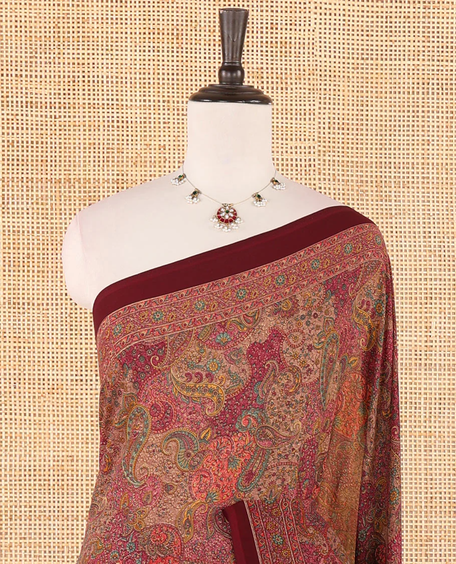 Chikku intricate paisley printed kimaya saree, floral printed border, paisley printed pallu & contrast printed blouse - Image 3