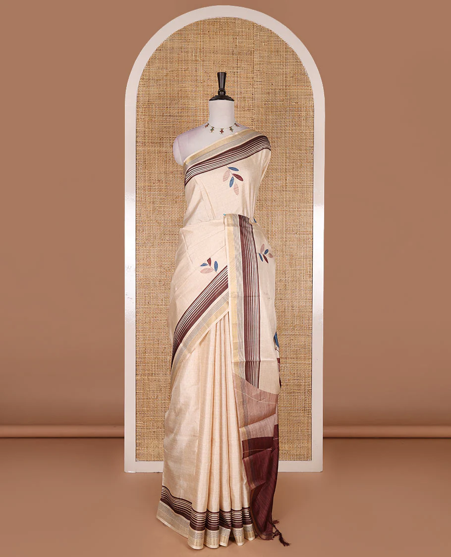 Chikku leaf themed printed soft tussar saree, contrast golden zari horizontally striped border, dual color textured pallu, and contrast plain blouse - Image 2