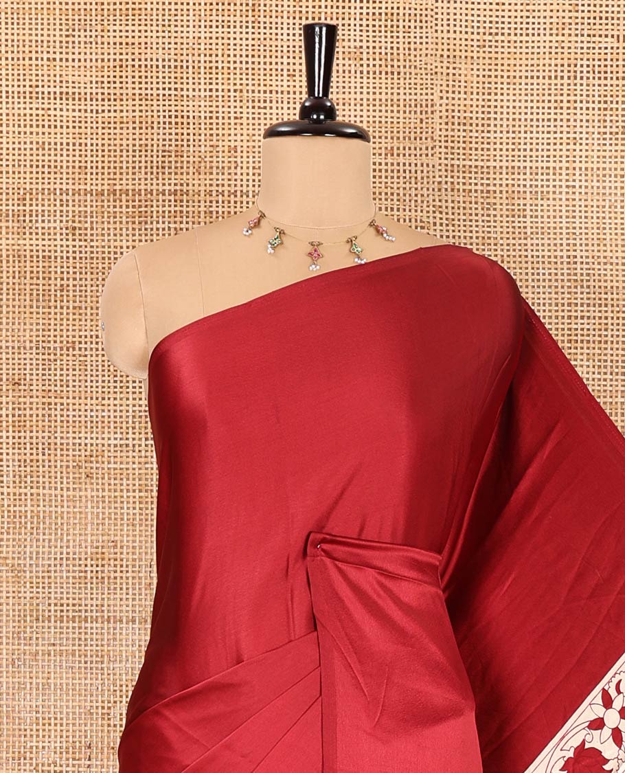 Chikku-maroon half-and-half plain and kalamkari floral printed satin crepe saree, plain border, pallu of floral vine and peacock printed, and kalamkari floral printed blouse - Image 2