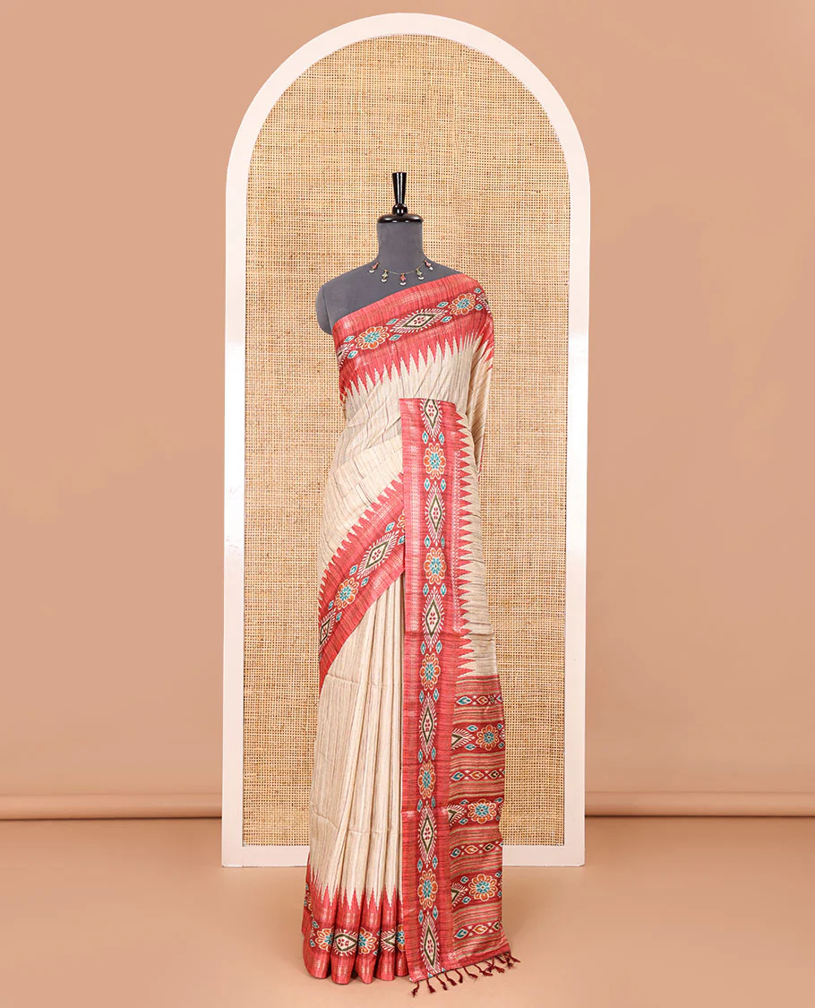 Chikku- maroon plain Katan silk saree, contrast ikkat floral-geometric printed temple border, ikkat printed pallu, and ikkat printed blouse - Image 2