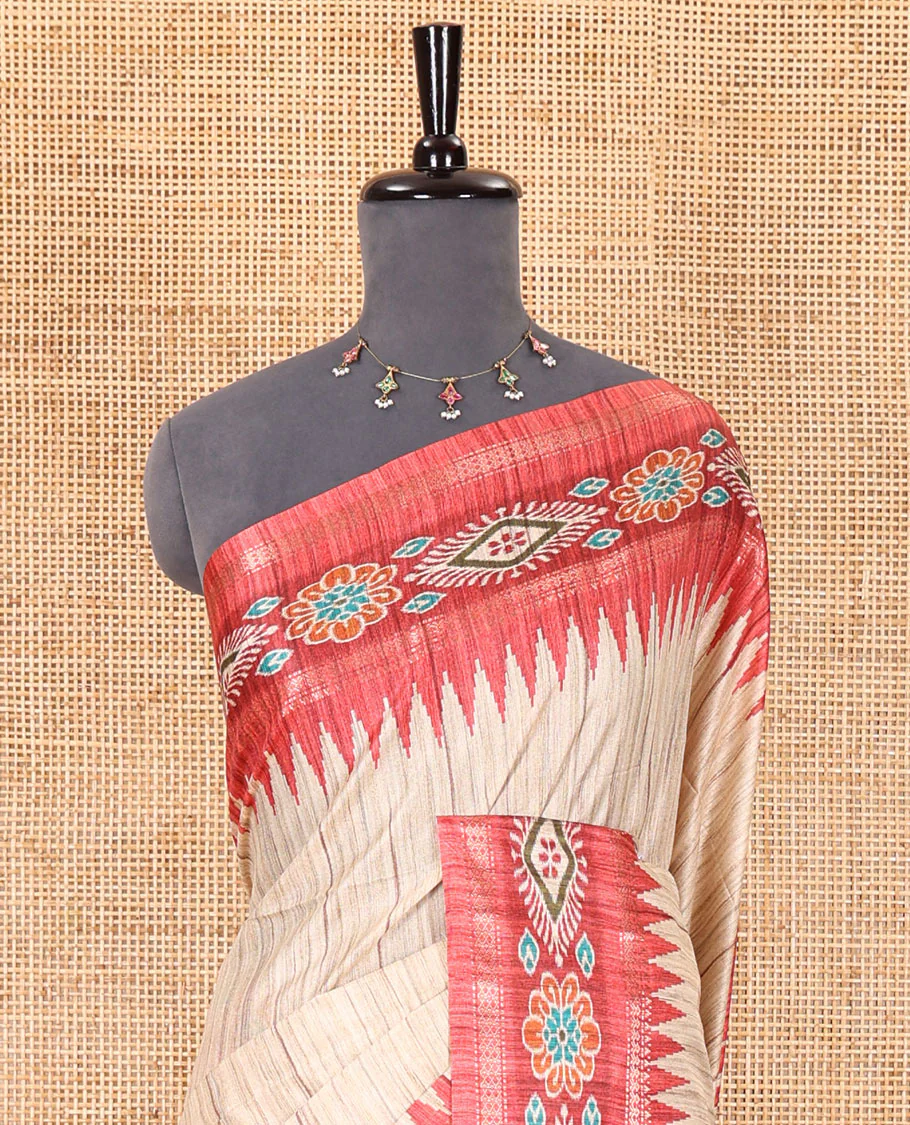 Chikku- maroon plain Katan silk saree, contrast ikkat floral-geometric printed temple border, ikkat printed pallu, and ikkat printed blouse - Image 3