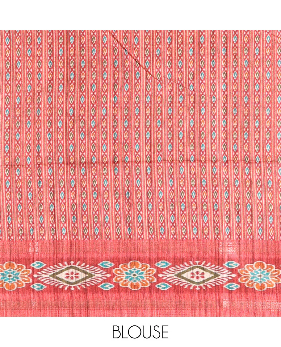 Chikku- maroon plain Katan silk saree, contrast ikkat floral-geometric printed temple border, ikkat printed pallu, and ikkat printed blouse - Image 4