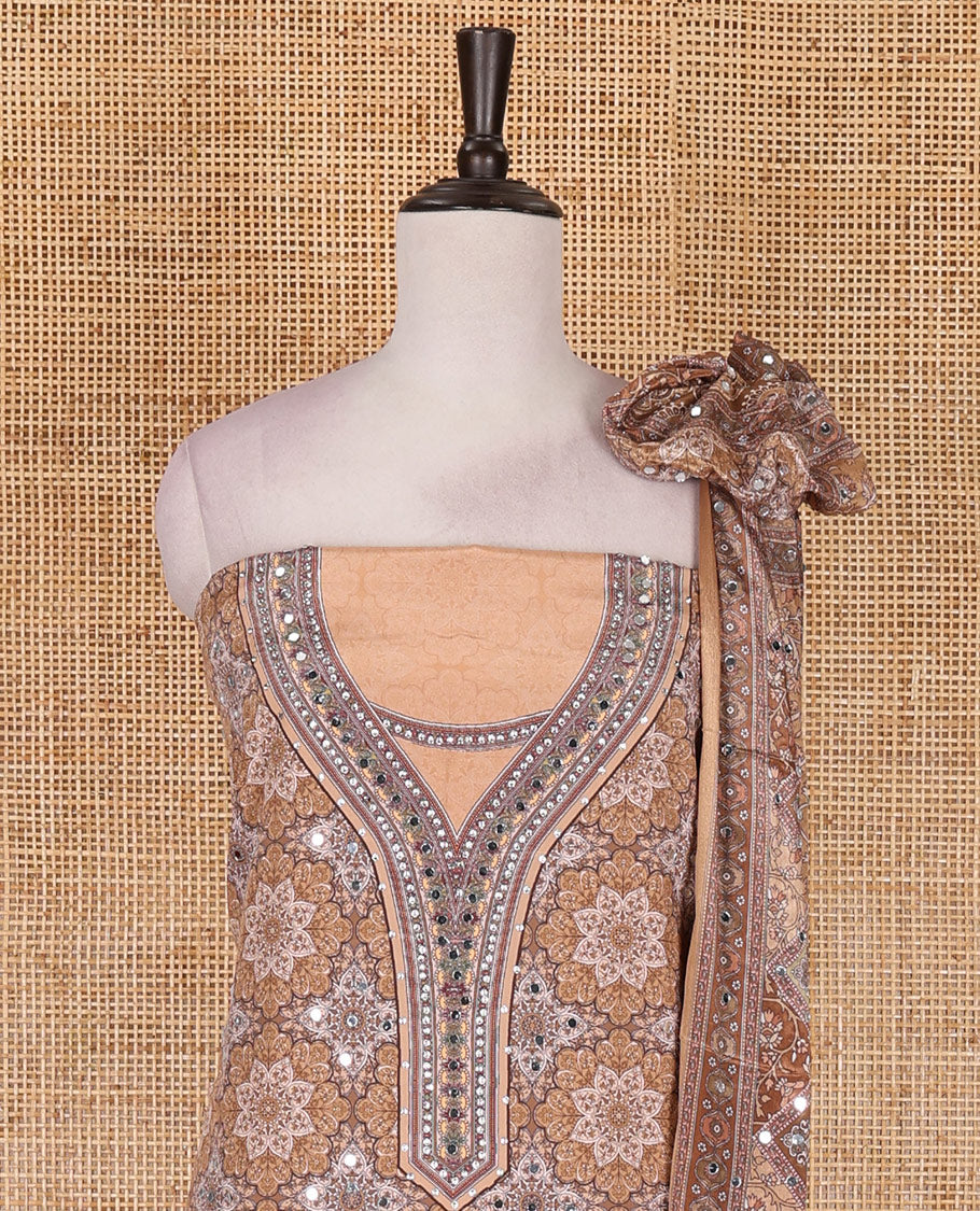 Chikku material chudidar set, intricately printed with original mirror work crepe top, Italian crepe bottom, and chinon digital print, mirror work dupatta - Image 3