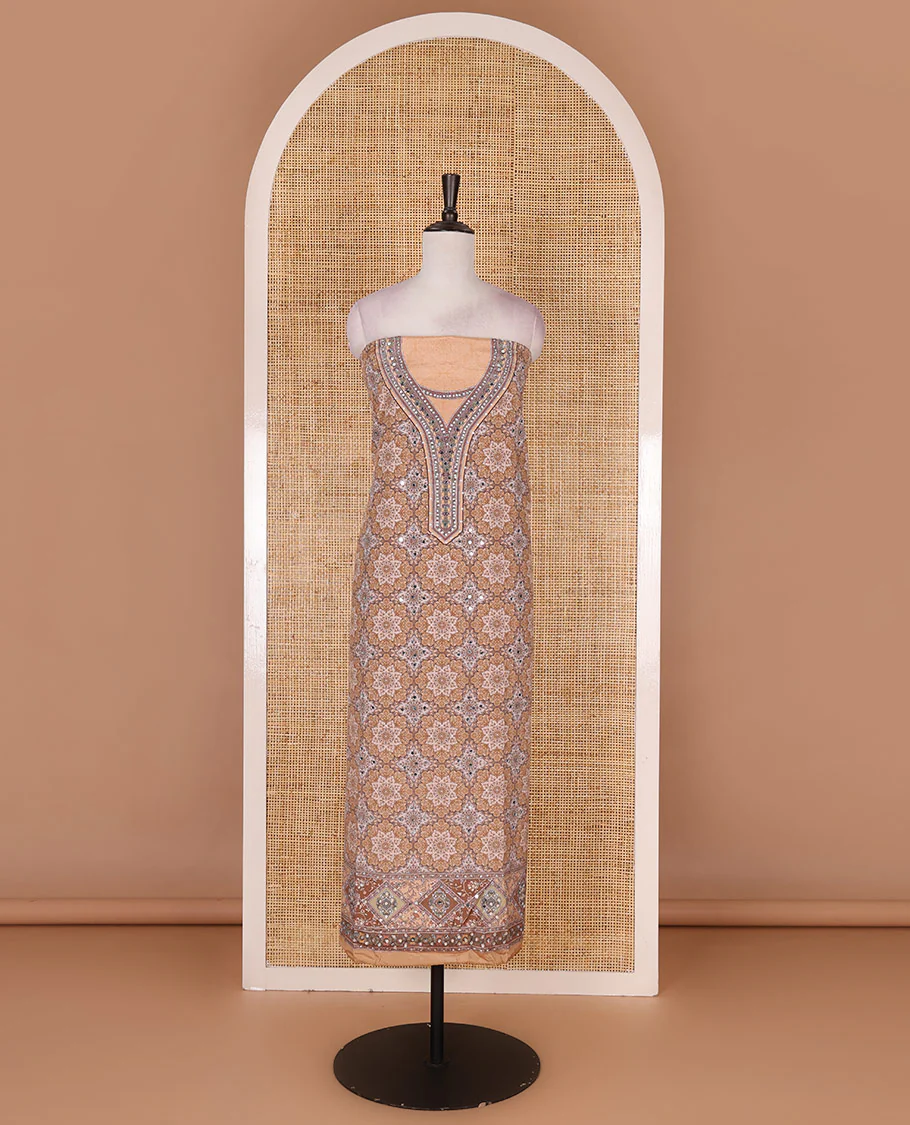 Chikku material chudidar set, intricately printed with original mirror work crepe top, Italian crepe bottom, and chinon digital print, mirror work dupatta - Image 4