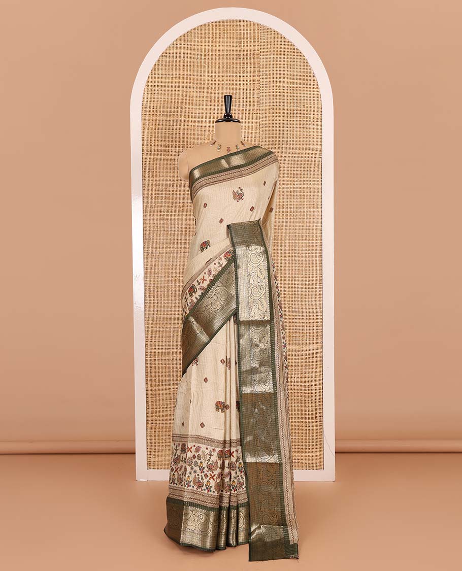 Chikku-mehendi green vertical striped, and animal motifs printed dola silk saree, contrast manga motifs zari border, animal motifs printed pallu, and a contrast printed blouse - Image 2