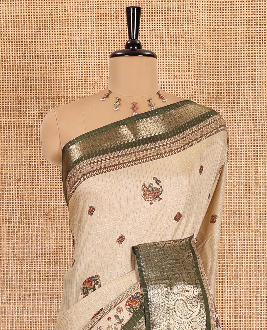 Chikku-mehendi green vertical striped, and animal motifs printed dola silk saree, contrast manga motifs zari border, animal motifs printed pallu, and a contrast printed blouse - Image 3