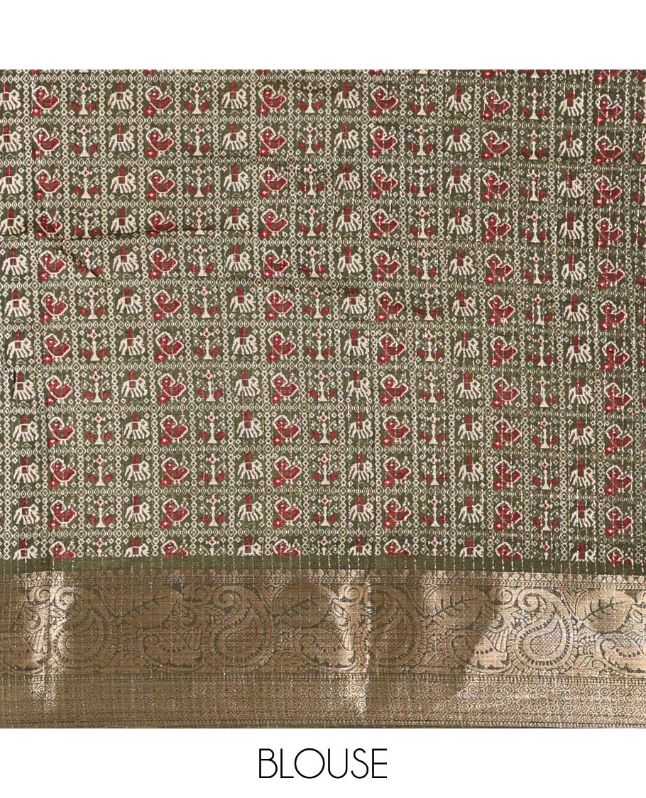 Chikku-mehendi green vertical striped, and animal motifs printed dola silk saree, contrast manga motifs zari border, animal motifs printed pallu, and a contrast printed blouse - Image 4