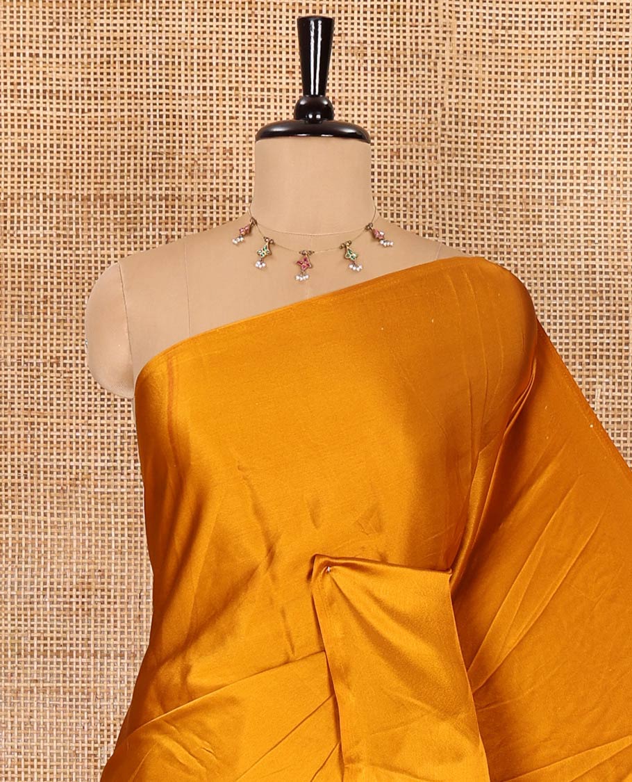 Chikku-mustard half-and-half plain and kalamkari floral printed satin crepe saree, plain border, pallu of floral vine and peacock printed, and kalamkari floral printed blouse - Image 2