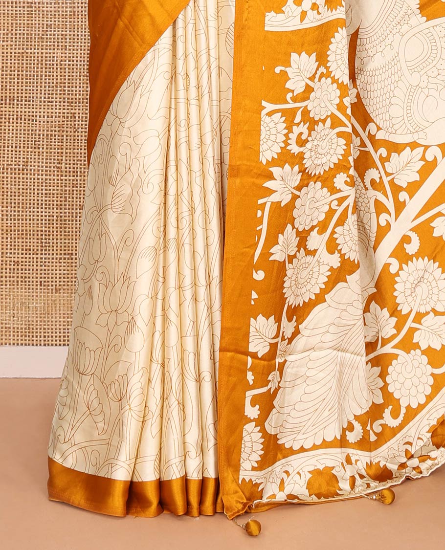 Chikku-mustard half-and-half plain and kalamkari floral printed satin crepe saree, plain border, pallu of floral vine and peacock printed, and kalamkari floral printed blouse - Image 3