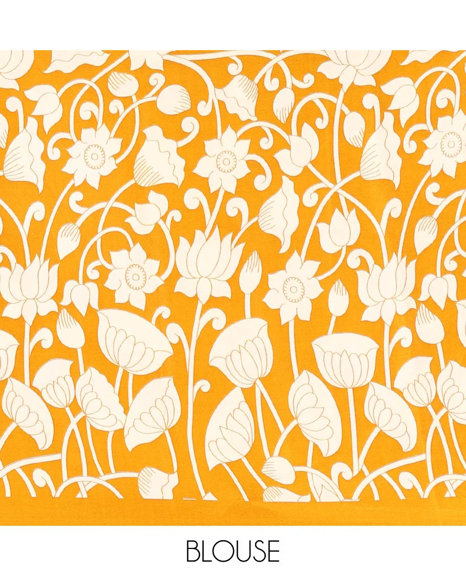 Chikku-mustard half-and-half plain and kalamkari floral printed satin crepe saree, plain border, pallu of floral vine and peacock printed, and kalamkari floral printed blouse - Image 4