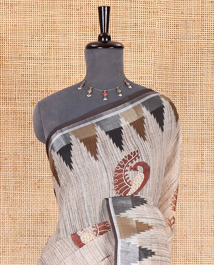 Chikku peacock motifs printed linen cotton saree, zari temple border, floral butta enclosed jaal printed pallu, and contrast buttas blouse - Image 3