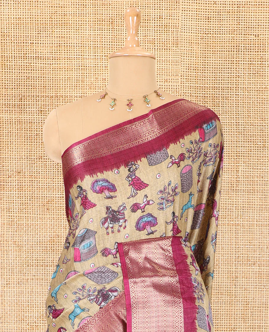 Chikku-purple color animal and village theme printed khadi jute saree, contrast jaal patterns zari woven border, printed pallu, and a contrast blouse - Image 3