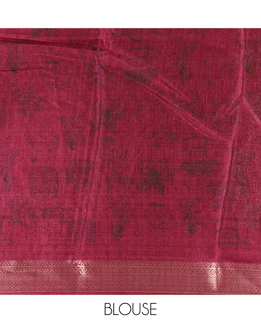 Chikku-purple color animal and village theme printed khadi jute saree, contrast jaal patterns zari woven border, printed pallu, and a contrast blouse - Image 4