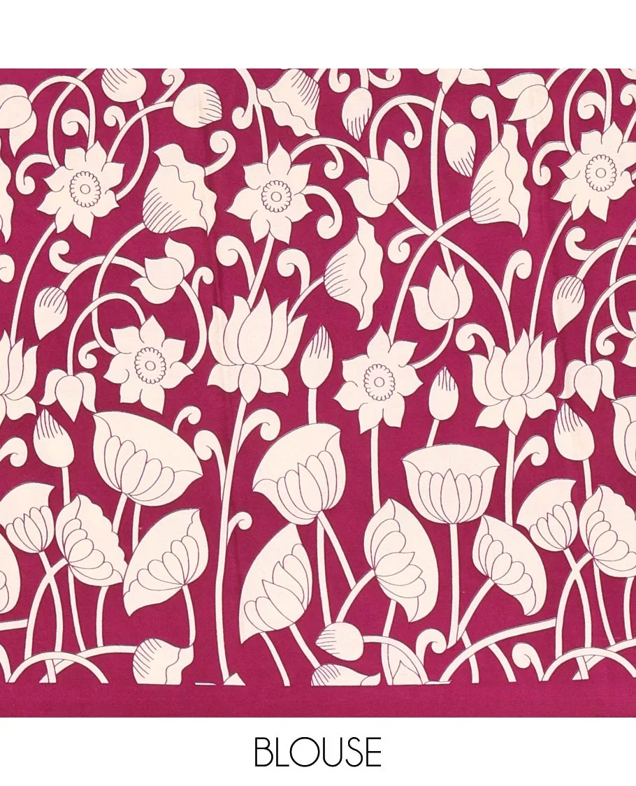 Chikku-purple half-and-half plain and kalamkari floral printed satin crepe saree, plain border, pallu of floral vine and peacock printed, and kalamkari floral printed blouse - Image 4