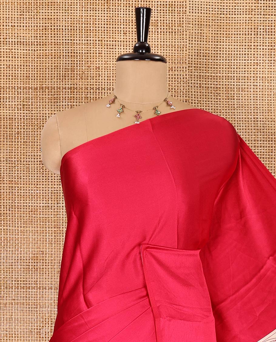 Chikku-rani pink half-and-half plain and kalamkari floral printed satin crepe saree, plain border, pallu of floral vine and peacock printed, and kalamkari floral printed blouse - Image 2