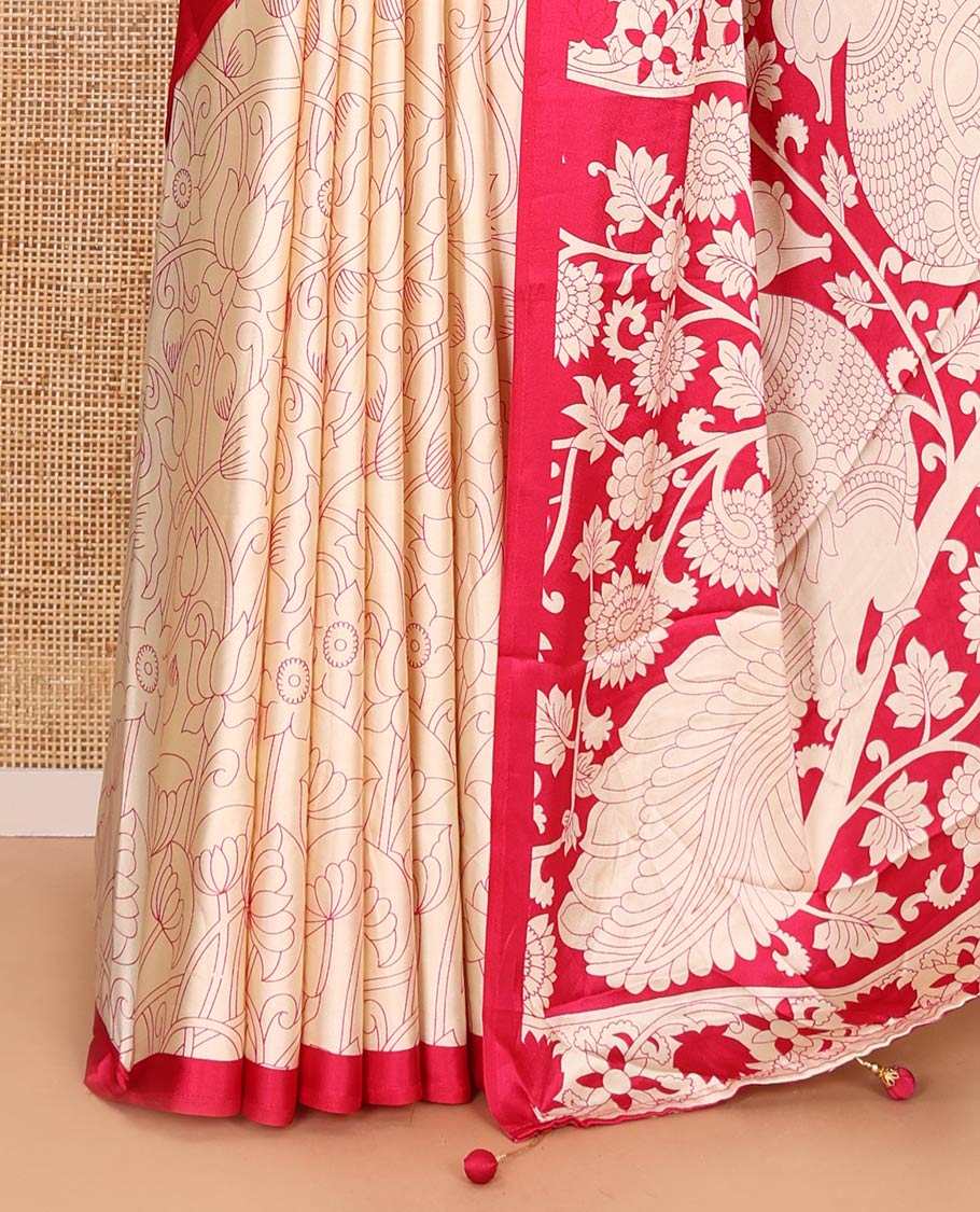 Chikku-rani pink half-and-half plain and kalamkari floral printed satin crepe saree, plain border, pallu of floral vine and peacock printed, and kalamkari floral printed blouse - Image 3
