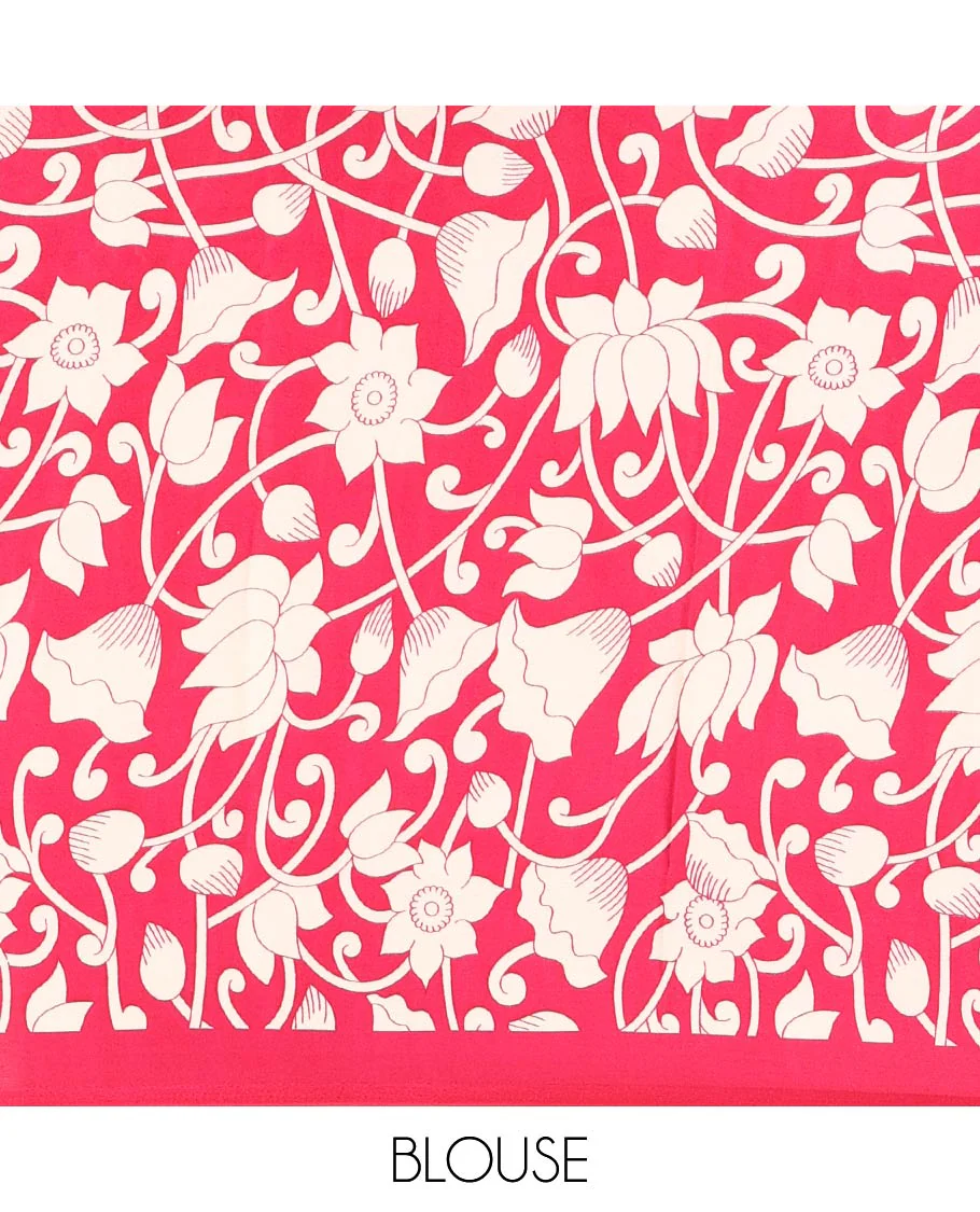 Chikku-rani pink half-and-half plain and kalamkari floral printed satin crepe saree, plain border, pallu of floral vine and peacock printed, and kalamkari floral printed blouse - Image 4