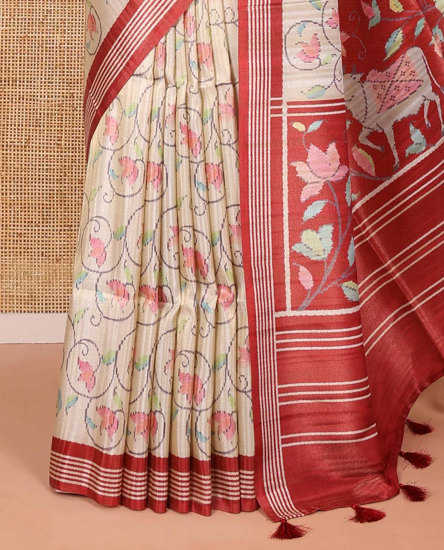 Chikku-red floral vine printed tissue patola saree, contrast striped border, pallu of floral and Pichwai cow motifs print, and a plain blouse - Image 3