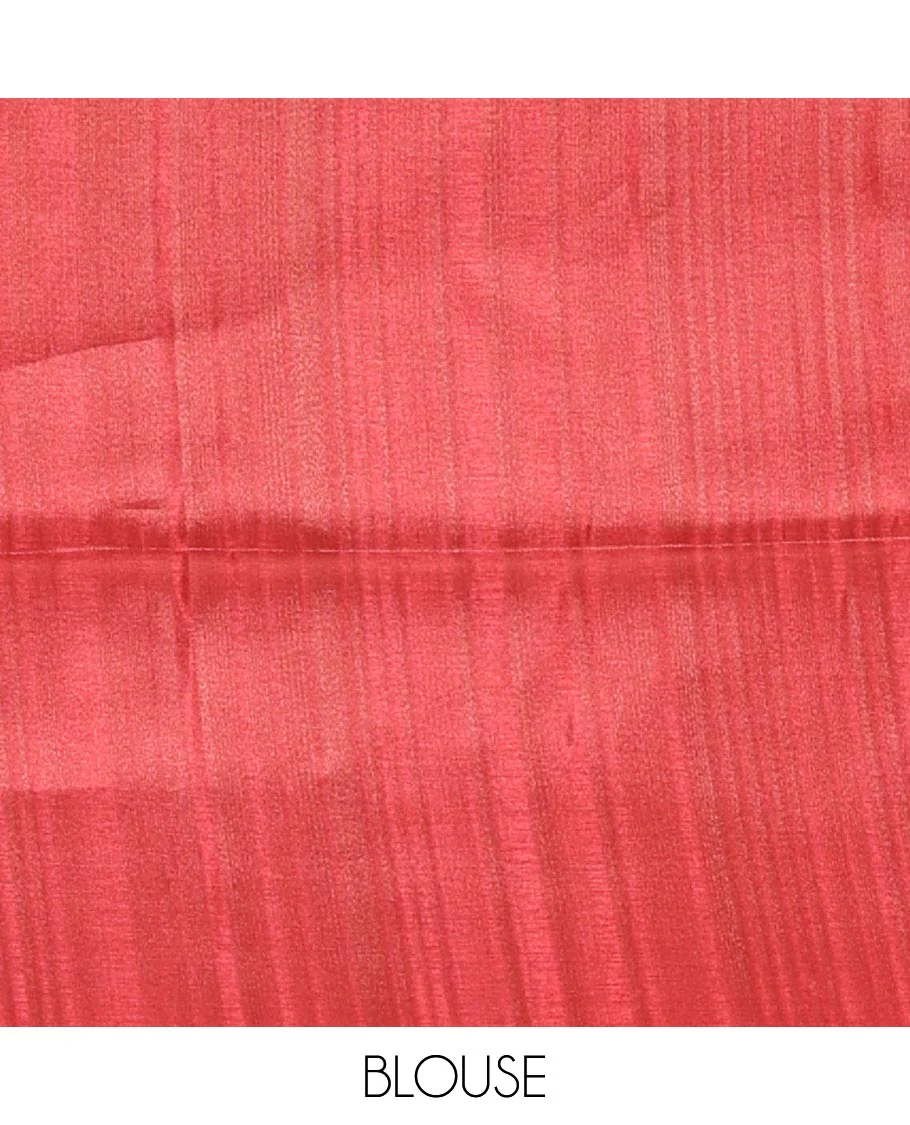 Chikku-red floral vine printed tissue patola saree, contrast striped border, pallu of floral and Pichwai cow motifs print, and a plain blouse - Image 4