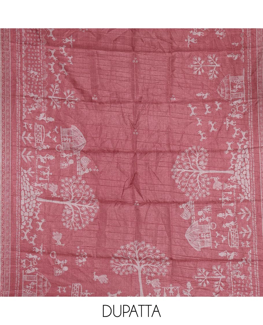 Chikku-red material churidar set, warli tribe village theme print with mirror work semi-tussar top, plain bottom, and warli tribe village theme print semi-tussar dupatta - Image 2