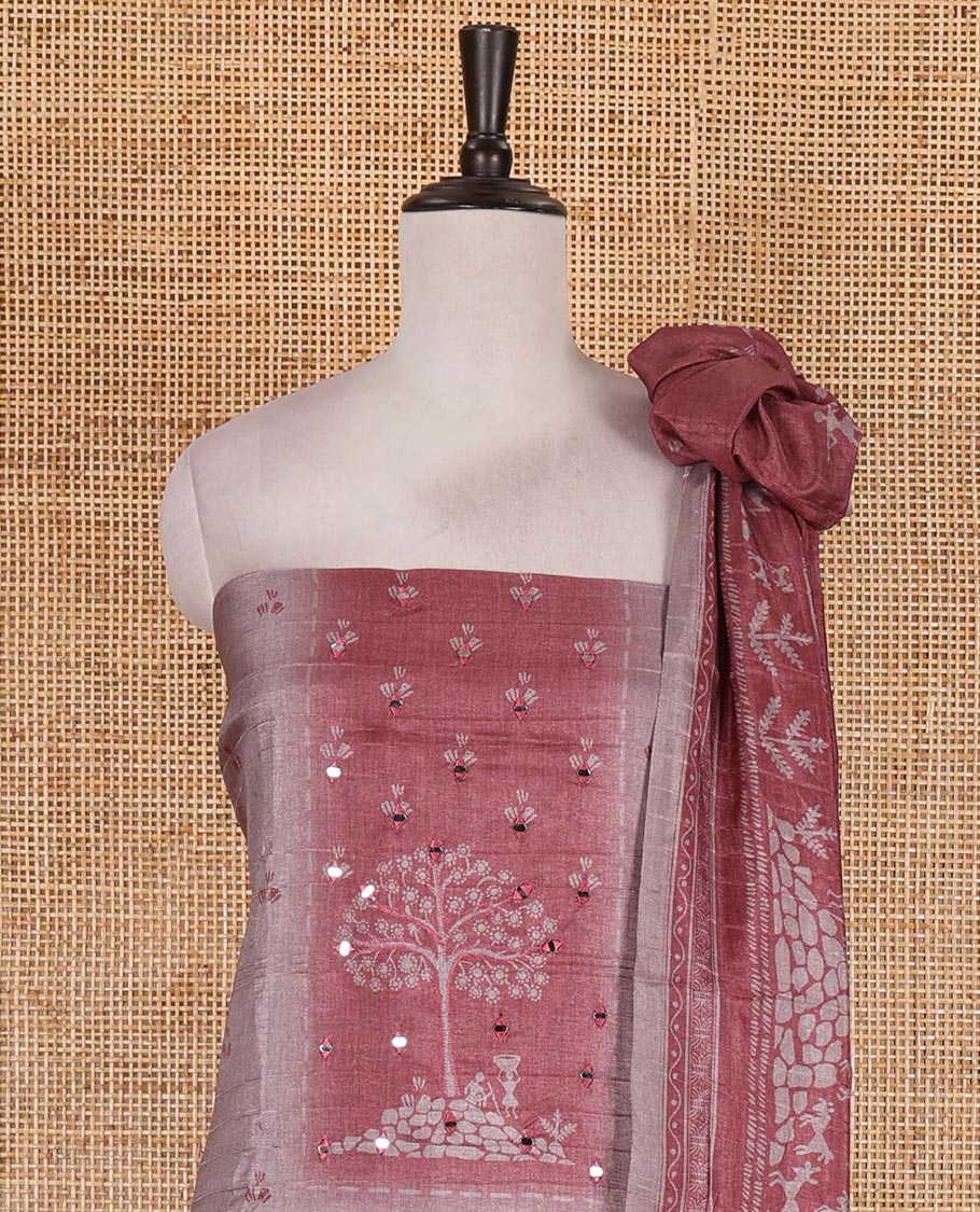 Chikku-red material churidar set, warli tribe village theme print with mirror work semi-tussar top, plain bottom, and warli tribe village theme print semi-tussar dupatta - Image 3