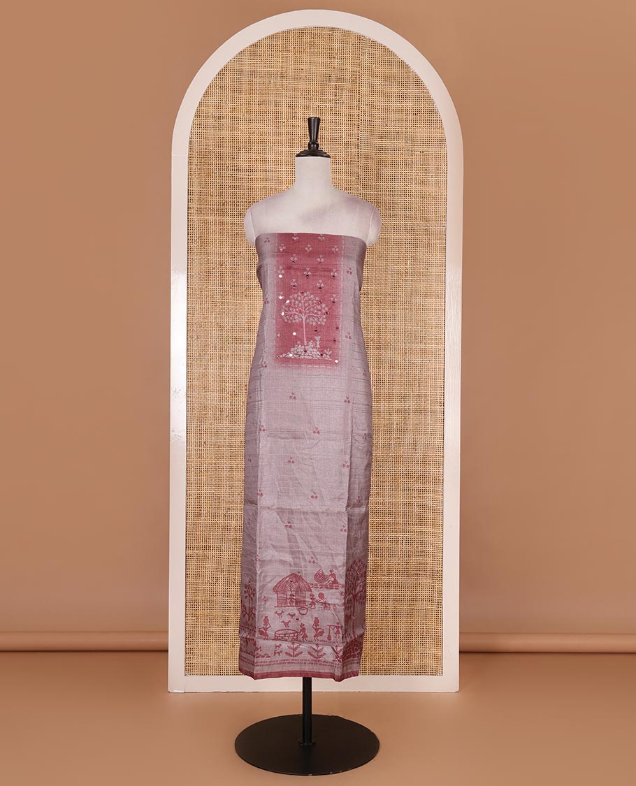 Chikku-red material churidar set, warli tribe village theme print with mirror work semi-tussar top, plain bottom, and warli tribe village theme print semi-tussar dupatta - Image 4