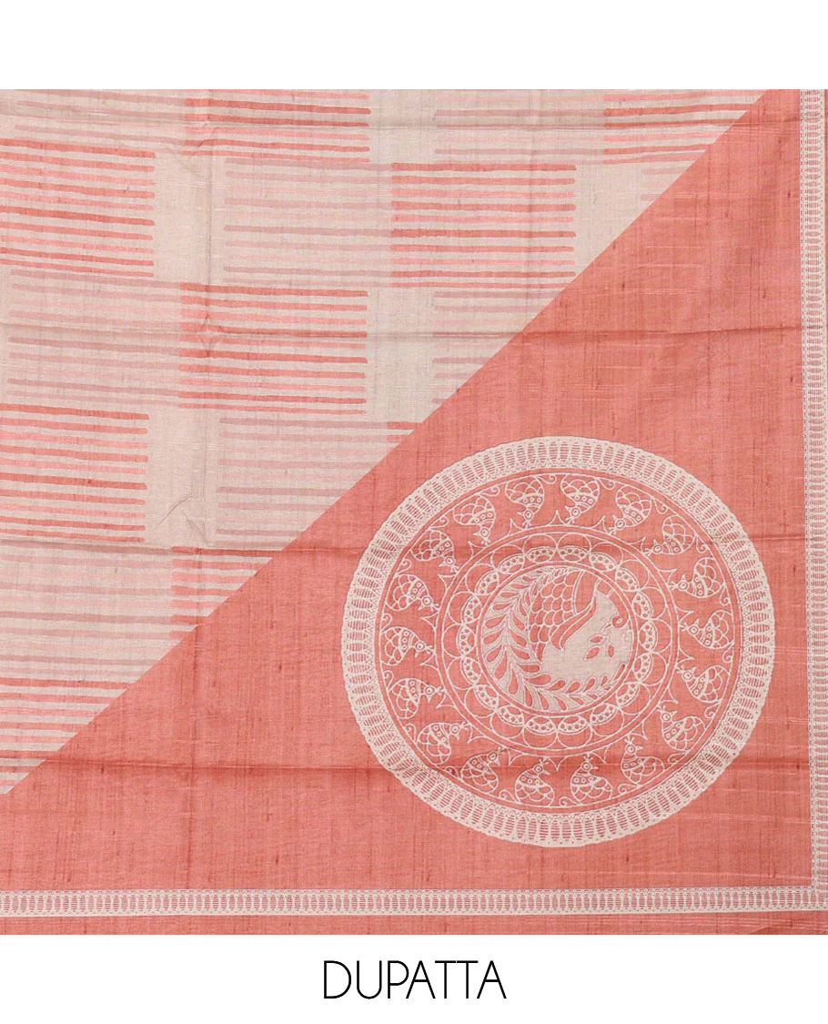 Chikku semi-tussar material chudidar set,geometric & round peacock motif print top, peach bottom & geometric & round peacock print dupatta - Image 2