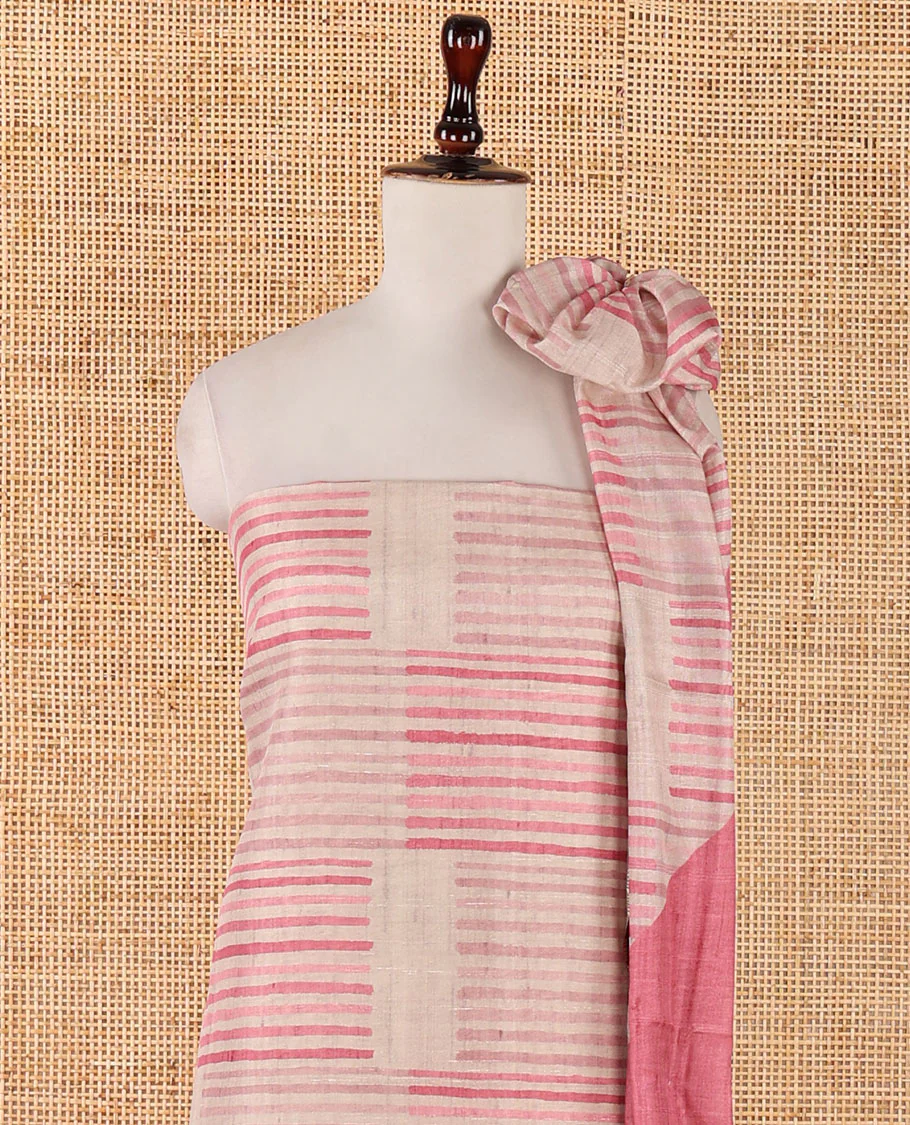 Chikku semi-tussar material chudidar set,geometric & round peacock motif print top, pink bottom & geometric & round peacock print dupatta - Image 3