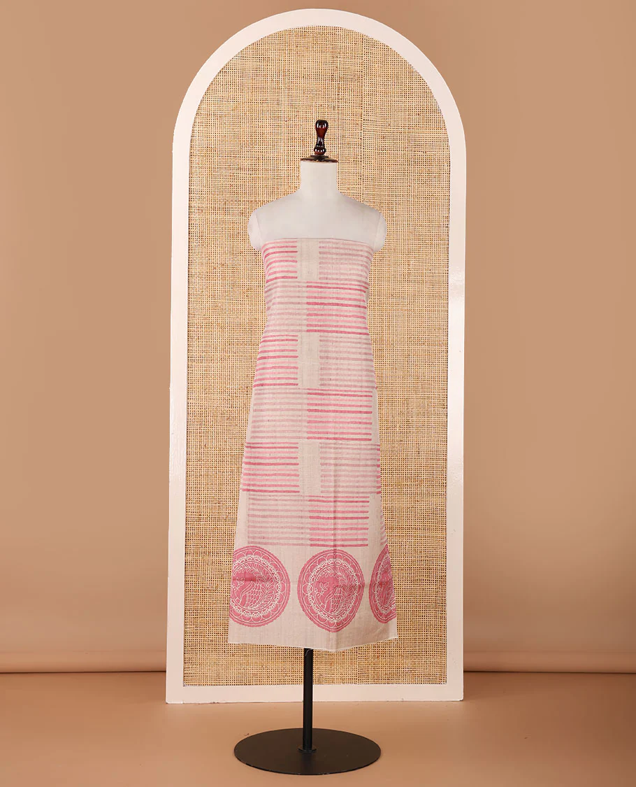 Chikku semi-tussar material chudidar set,geometric & round peacock motif print top, pink bottom & geometric & round peacock print dupatta - Image 4