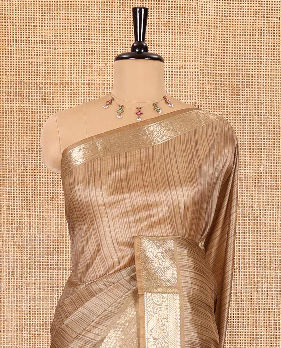 Chikku striped semi-tussar saree, traditional zari border of floral creeper designs, contrast pallu of Pichwai cow print, and contrast Pichwai cow printed blouse - Image 3