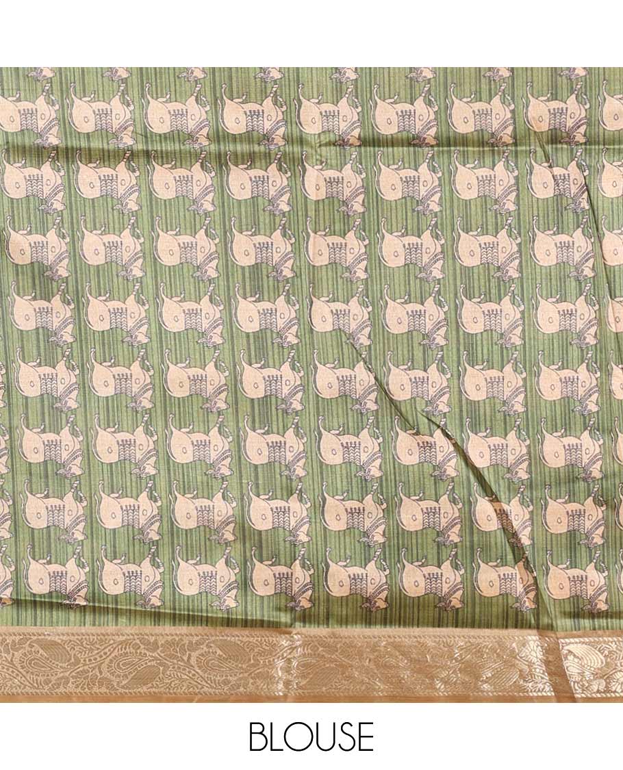 Chikku striped semi-tussar saree, traditional zari border of floral creeper designs, contrast pallu of Pichwai cow print, and contrast Pichwai cow printed blouse - Image 4