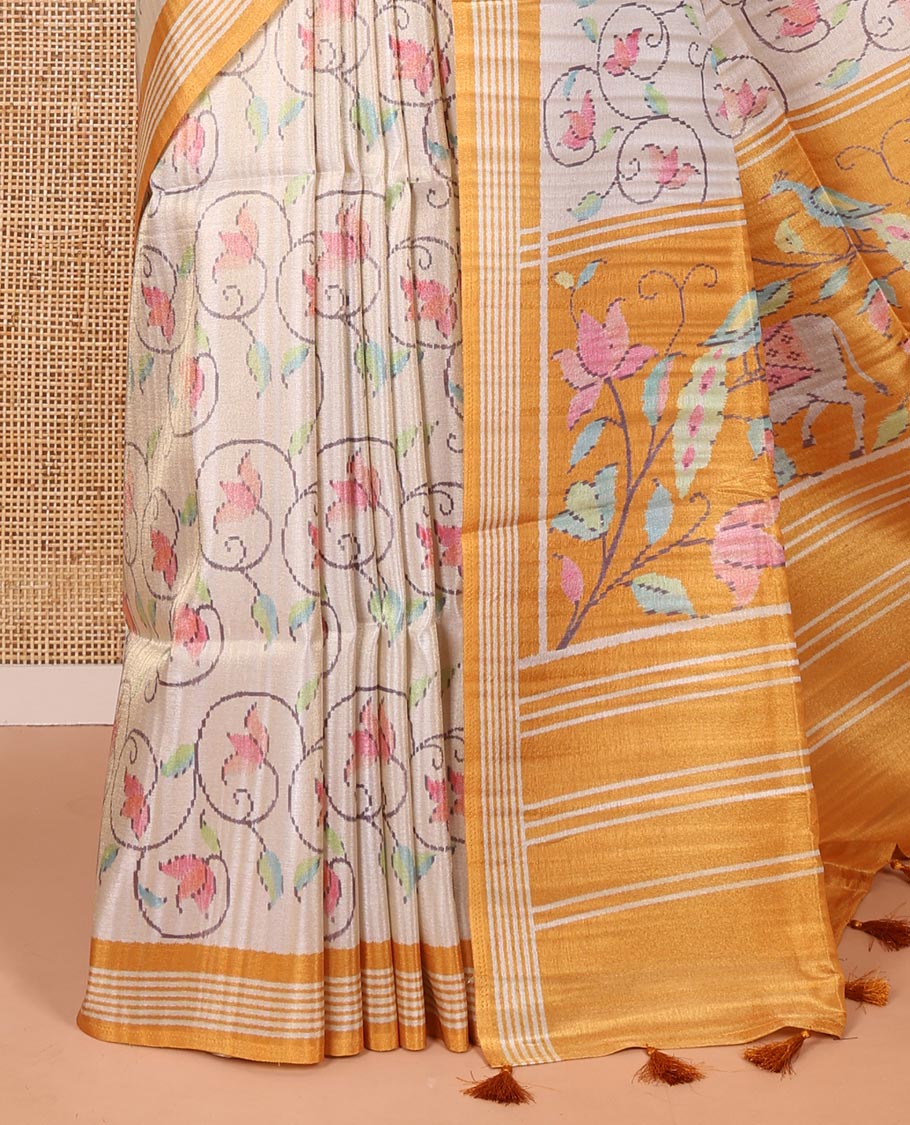 Chikku-yellow floral vine printed tissue patola saree, contrast striped border, pallu of floral and Pichwai cow motifs print, and a plain blouse - Image 3