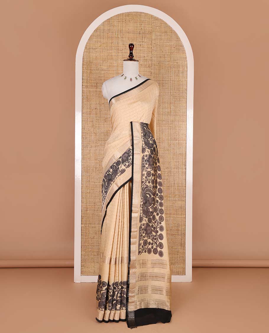 Chikku zari checked with kalamkari flora-fauna motifs printed Assam cotton saree, traditional zari border, zari striped pallu, and matching blouse - Image 2