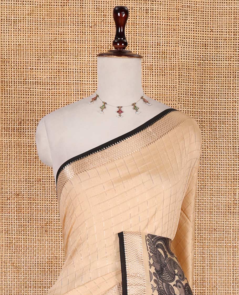 Chikku zari checked with kalamkari flora-fauna motifs printed Assam cotton saree, traditional zari border, zari striped pallu, and matching blouse - Image 3