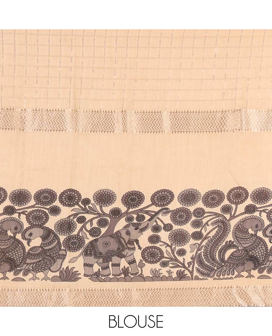 Chikku zari checked with kalamkari flora-fauna motifs printed Assam cotton saree, traditional zari border, zari striped pallu, and matching blouse - Image 4