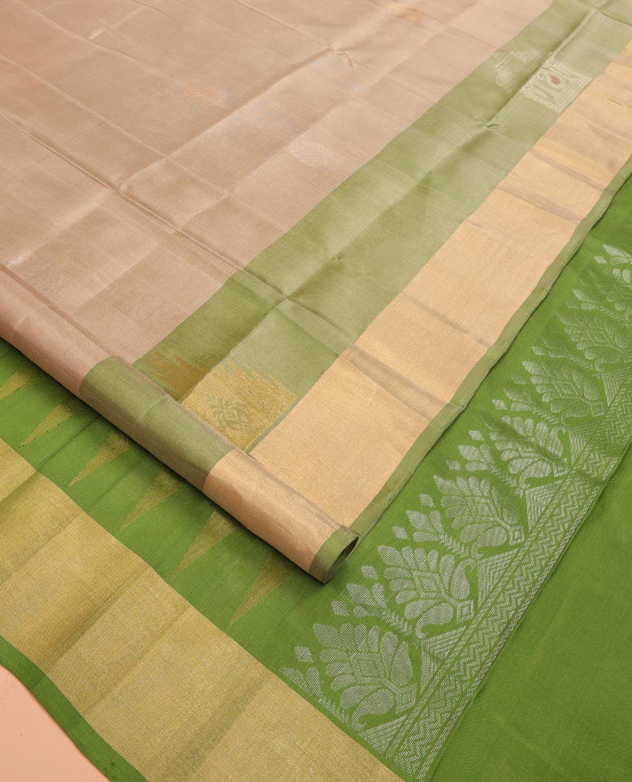 Chiku Color Uppada Silk Saree Adorned with Paisley Buttas, Subtle Contrast Border of Temple Gopuram Motifs, Captivating Pallu Featuring Floral Jaal Design, and Paired with a Contrast Blouse - Image 2