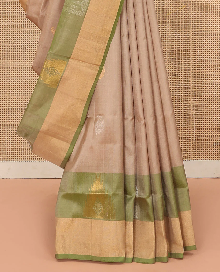 Chiku Color Uppada Silk Saree Adorned with Paisley Buttas, Subtle Contrast Border of Temple Gopuram Motifs, Captivating Pallu Featuring Floral Jaal Design, and Paired with a Contrast Blouse - Image 4