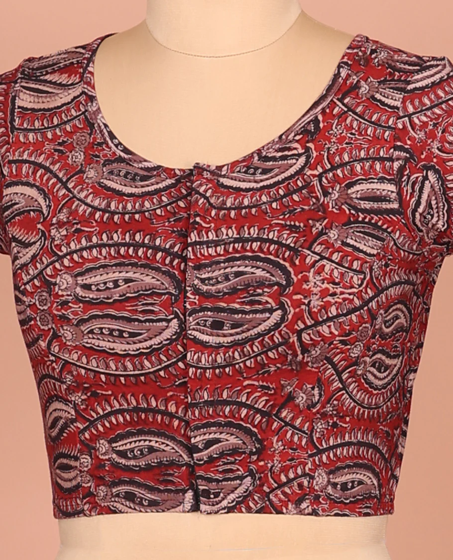 Chilli Red Cotton Readymade Blouse Subtly Printed with All-Over Flora-Paisley Vine, Featuring a Front Round-Neck, a Back Round-Neck, and Elbow Sleeves - Image 2