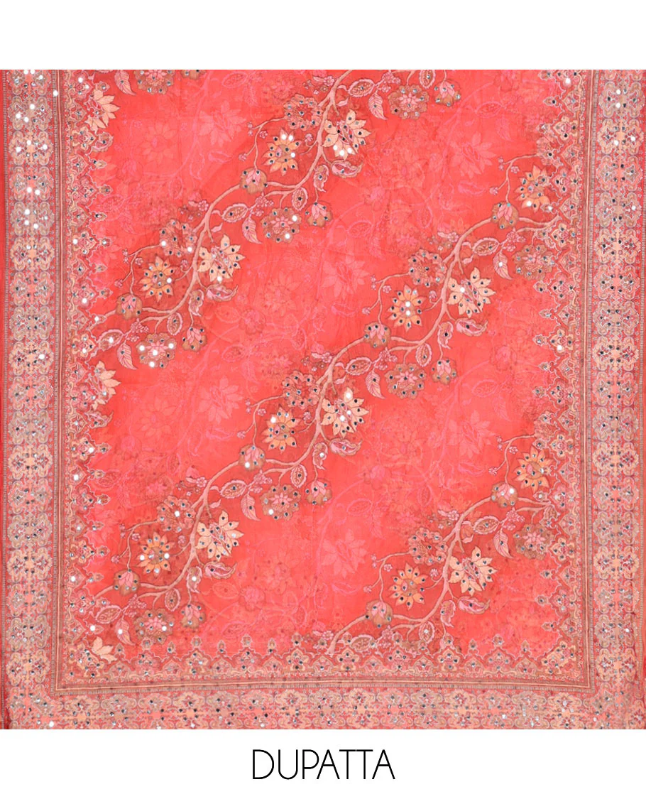 Chilli Red Material Chudidar Set Decked up with Floral Vine with Mirror Work Organza Top, Subtly Made Plain Santoon Bottom, and Organza Dupatta Featuring Floral Vine Print and Mirror Work - Image 2