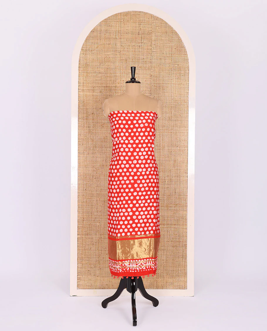Chilli red material chudidar set, polka dots batik printed modal chanderi top, batik motifs printed bottom, and a batik motifs printed modal chanderi dupatta - Image 2