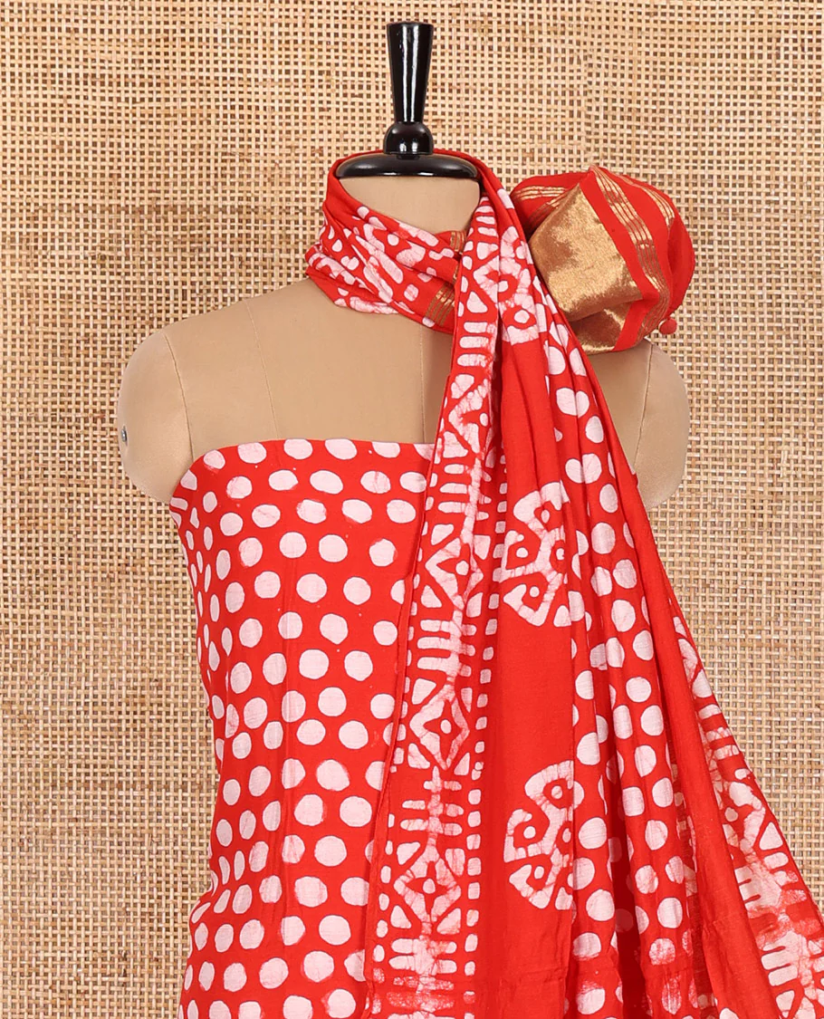 Chilli red material chudidar set, polka dots batik printed modal chanderi top, batik motifs printed bottom, and a batik motifs printed modal chanderi dupatta - Image 3
