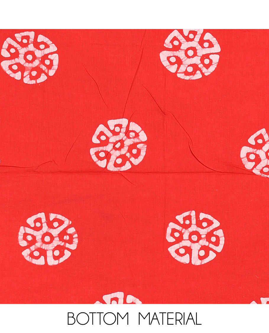 Chilli red material chudidar set, polka dots batik printed modal chanderi top, batik motifs printed bottom, and a batik motifs printed modal chanderi dupatta - Image 4