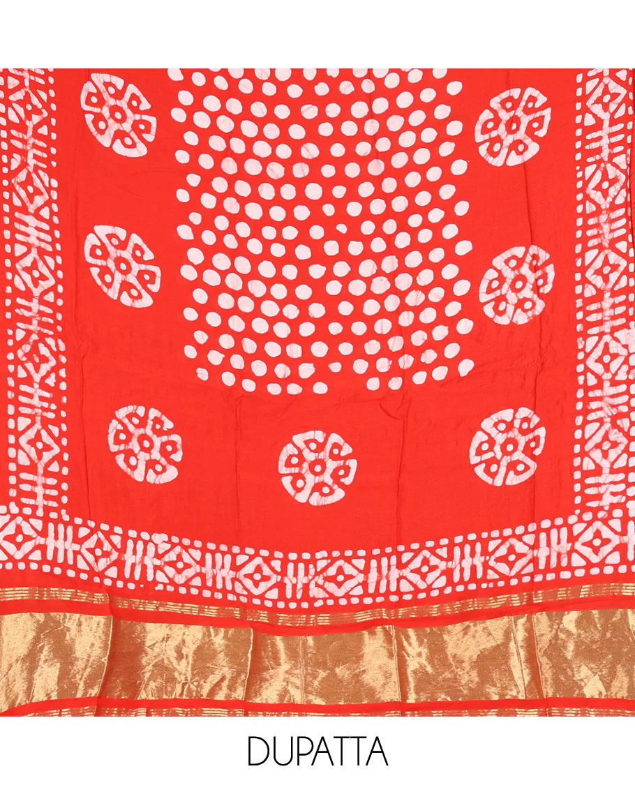 Chilli red material chudidar set, polka dots batik printed modal chanderi top, batik motifs printed bottom, and a batik motifs printed modal chanderi dupatta - Image 5