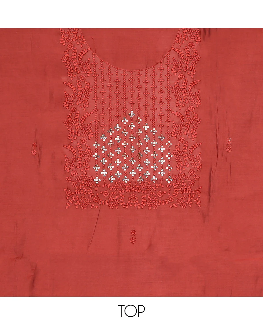 Chilli red material chudidar set, self-color thread and sequins embroidered top, plain bottom and sequins work dupatta - Image 2