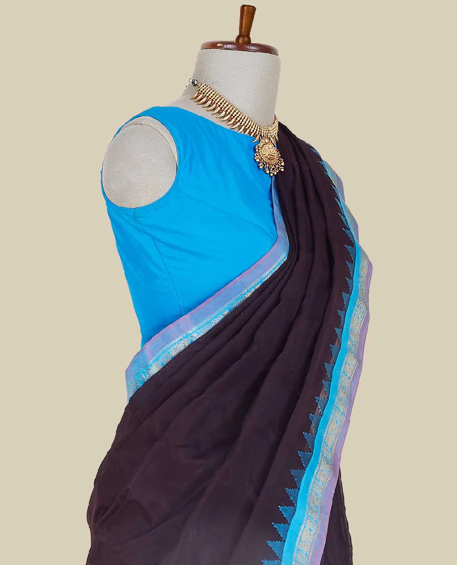 Classy black gadwal cotton saree with contrast vibardha border & zari design enriched pallu